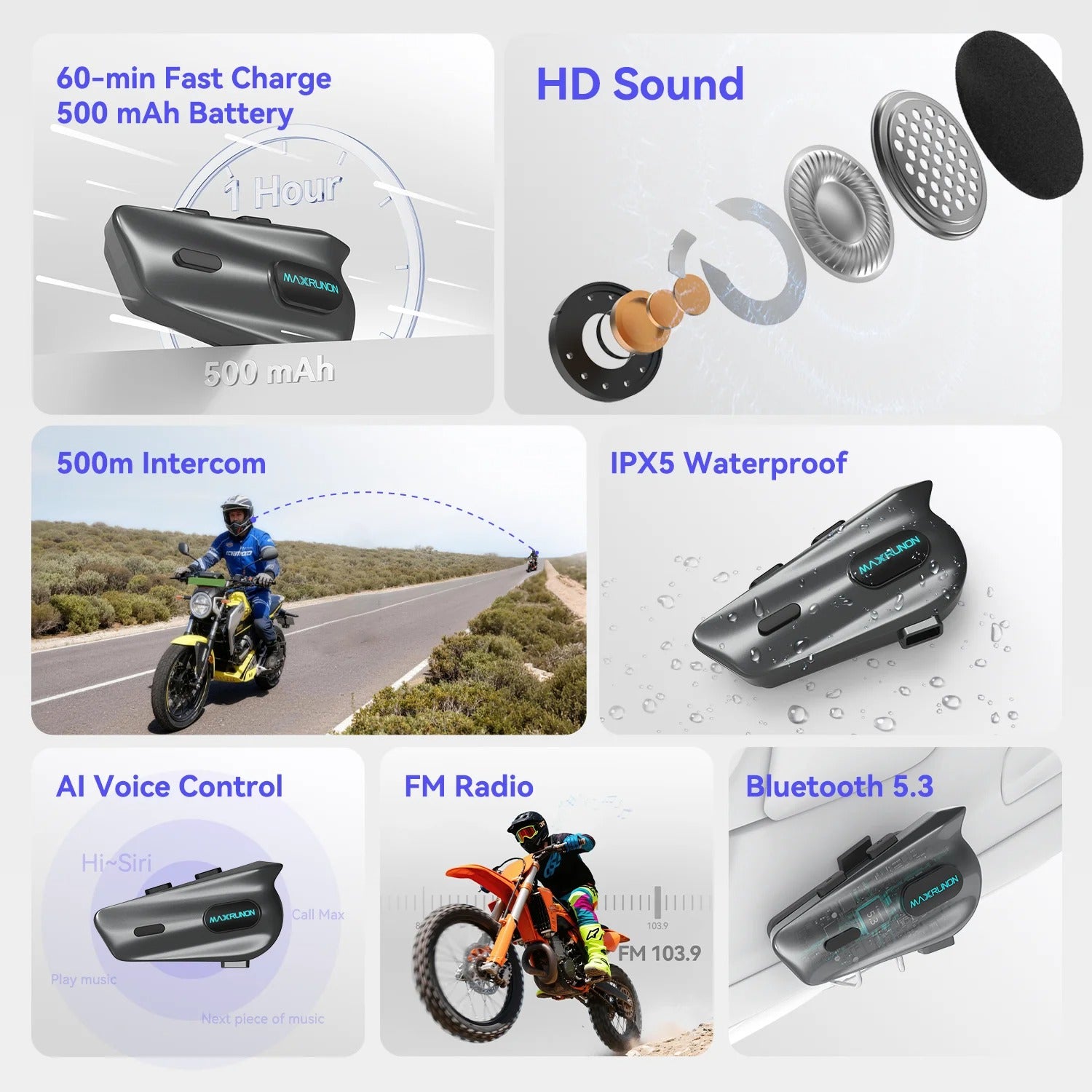MaxRunon 2Y – Intercomunicador Bluetooth para Casco de Moto